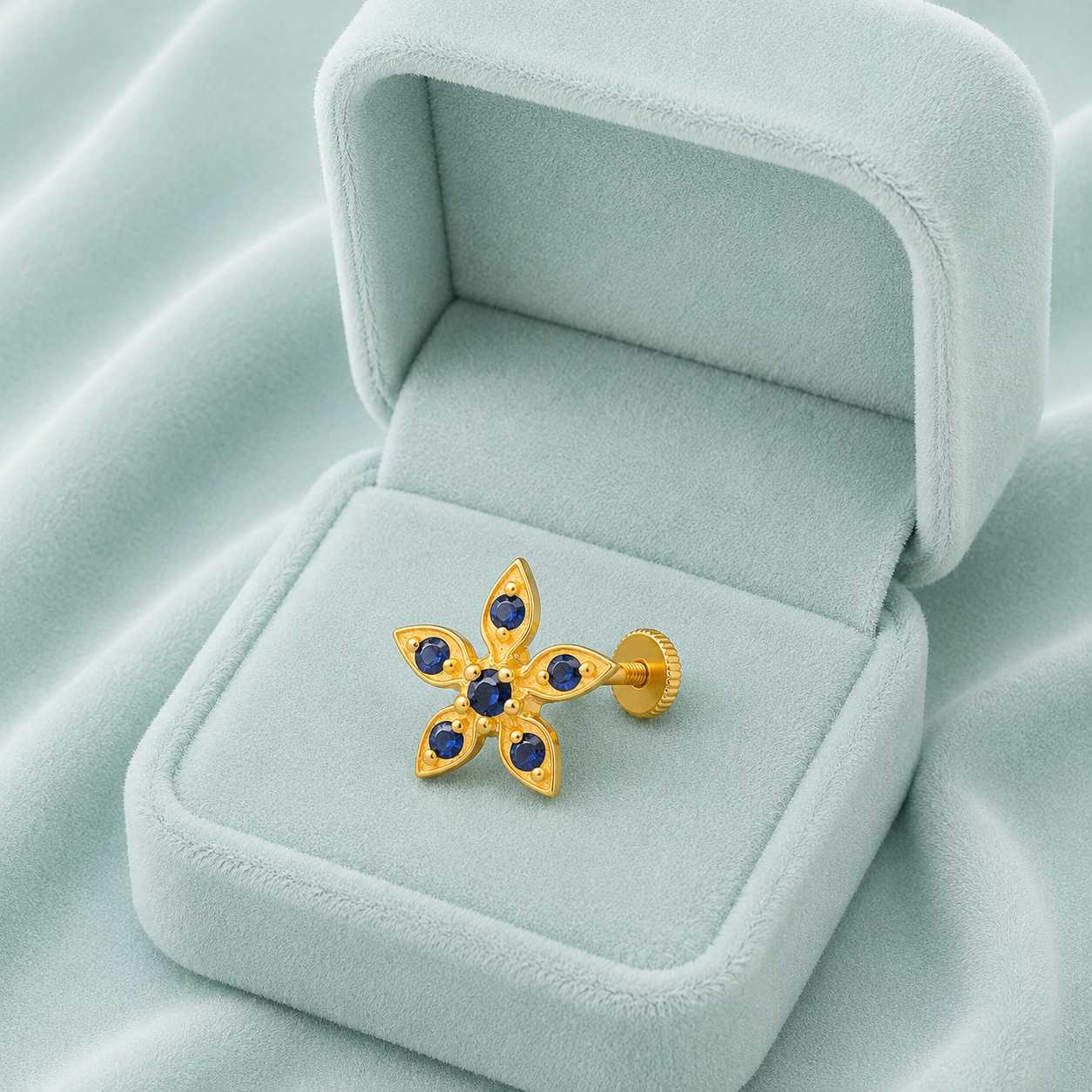 Blue CZ Flower Nose Pin - Sterling Silver Gold Plated
