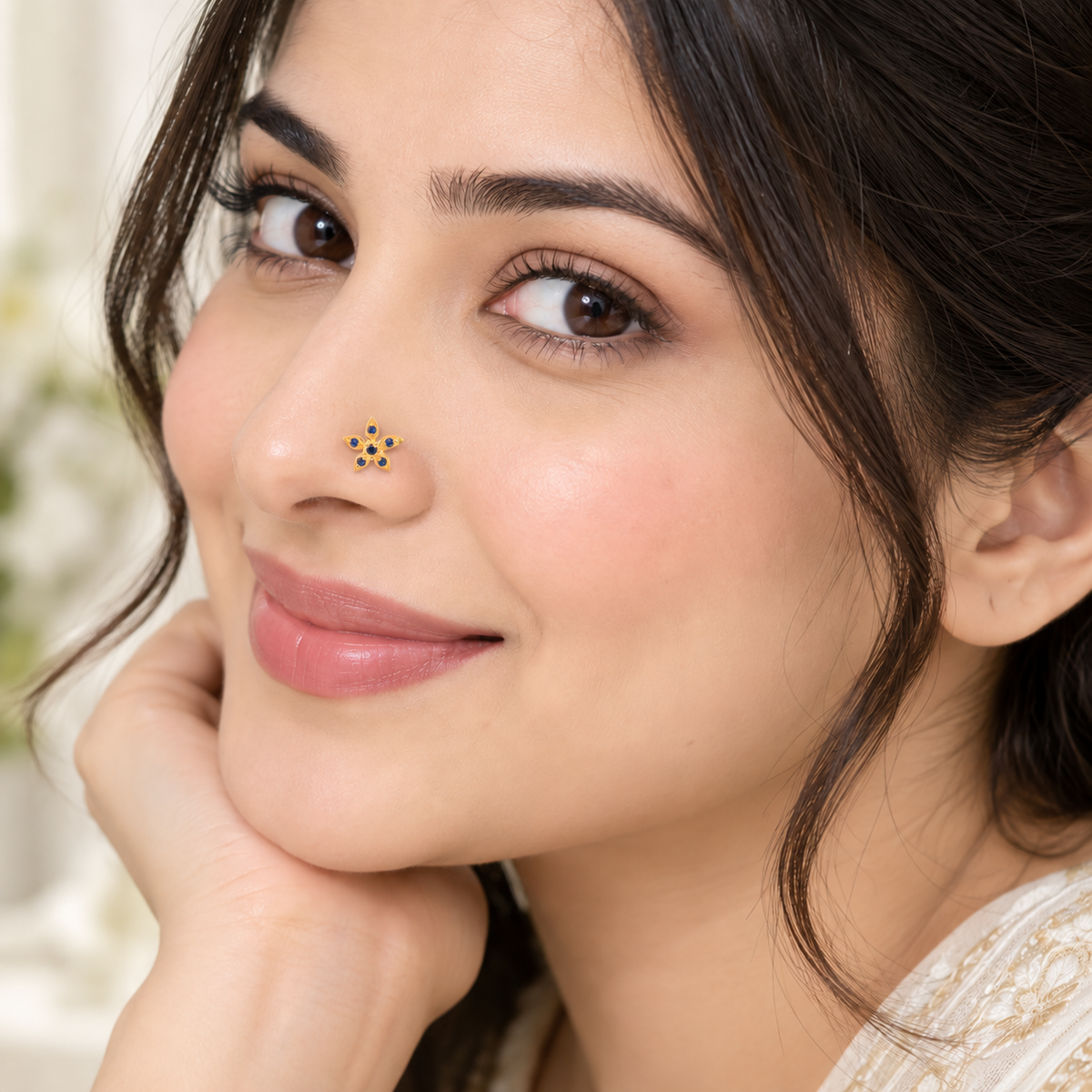 Blue CZ Flower Nose Pin - Sterling Silver Gold Plated