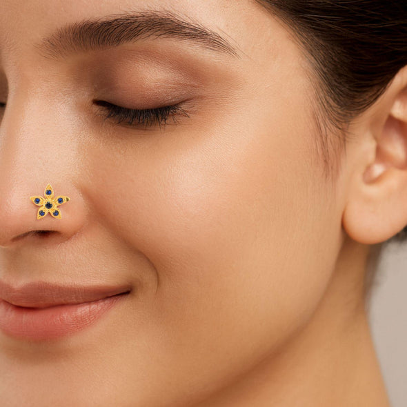 Blue CZ Flower Nose Pin - Sterling Silver Gold Plated
