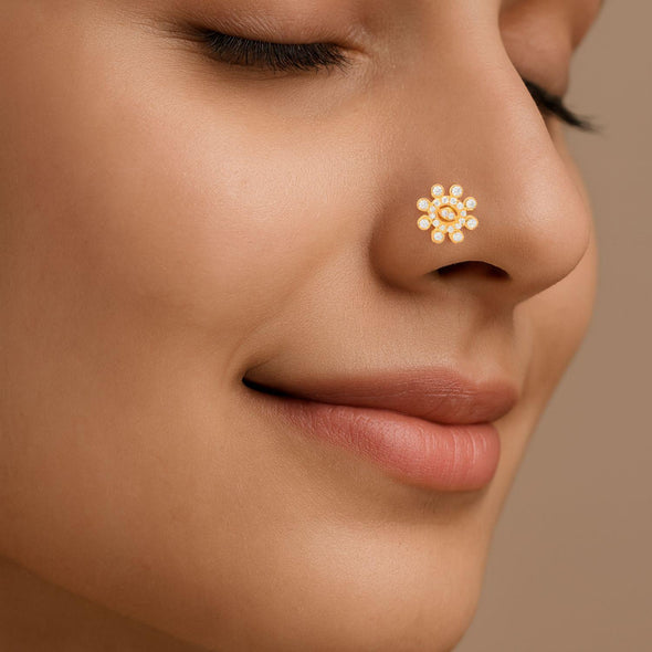White CZ Circular Nose Pin - Sterling Silver Gold Plated
