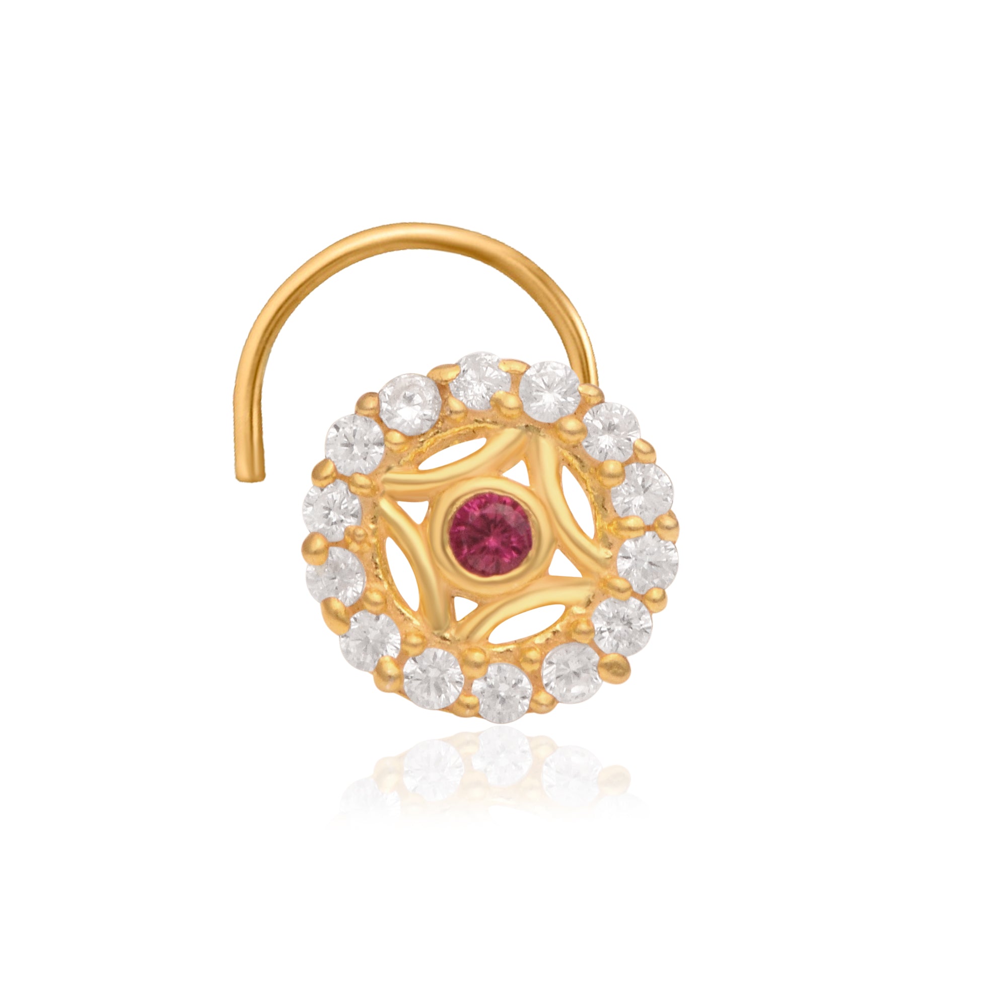 Pink CZ Halo Circle Filigree Nose Pin – 925 Sterling Silver Yellow Plated