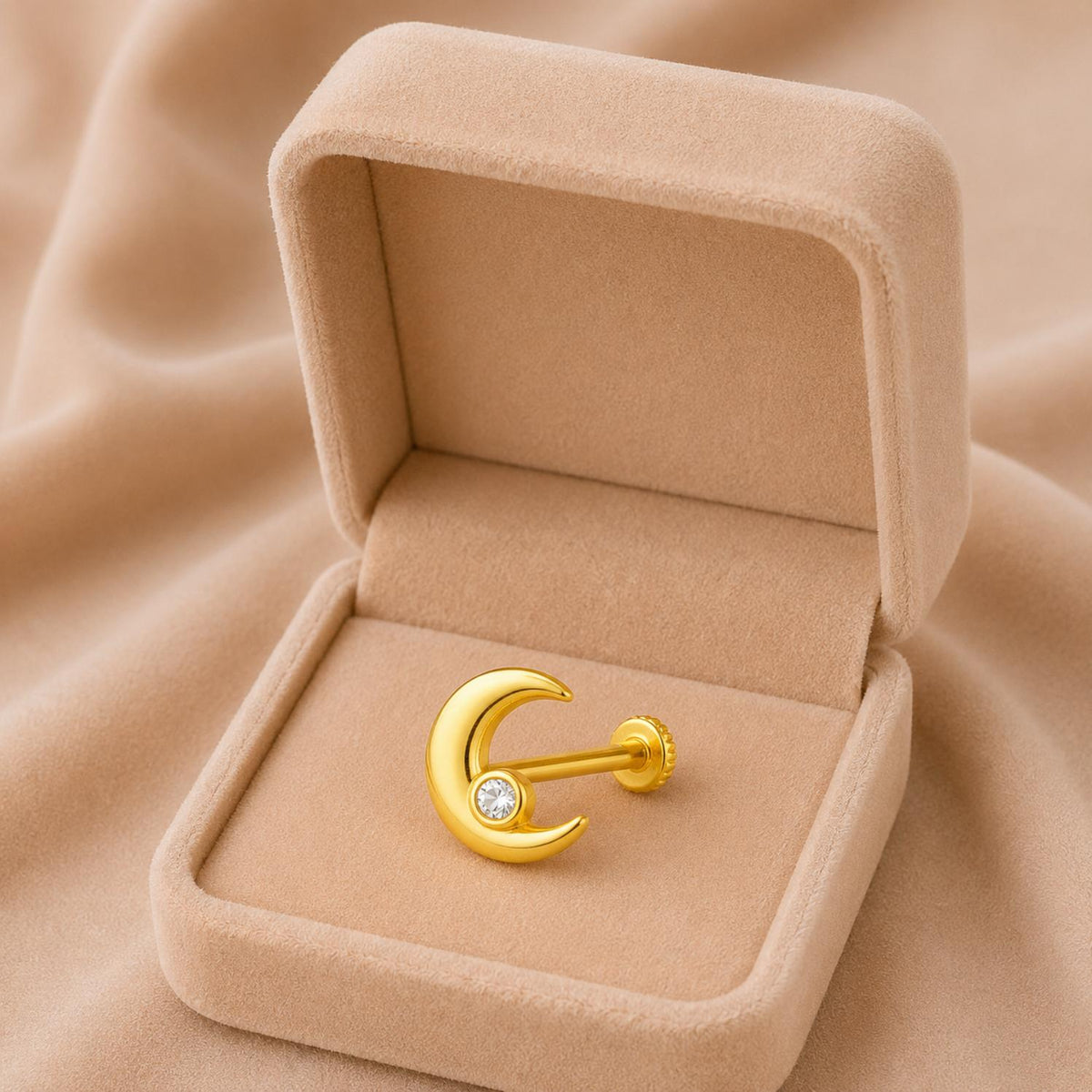 White CZ Crescent Moon Nose Pin – Sterling Silver Gold-Plated