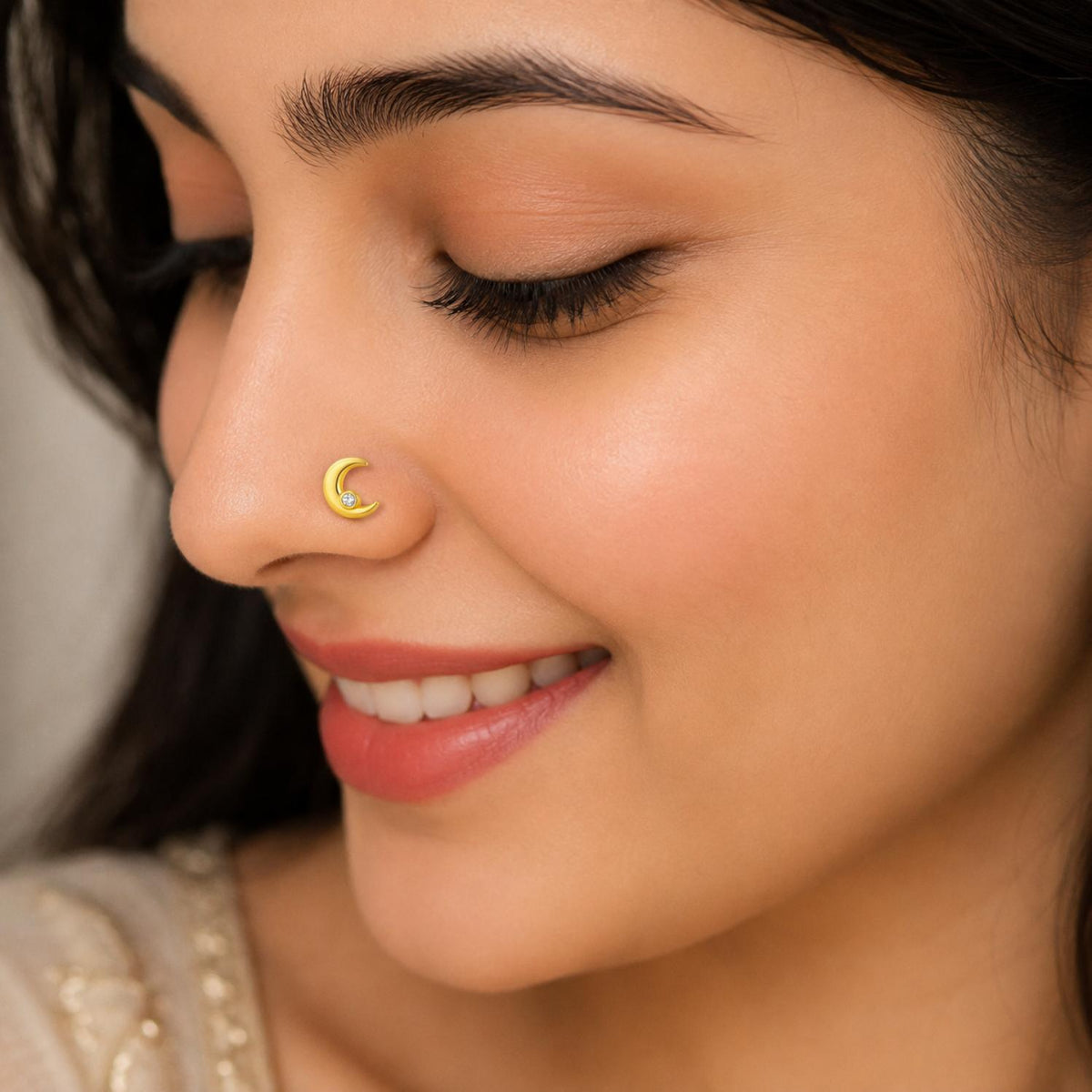 White CZ Crescent Moon Nose Pin – Sterling Silver Gold-Plated