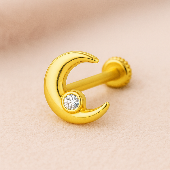 White CZ Crescent Moon Nose Pin – Sterling Silver Gold-Plated