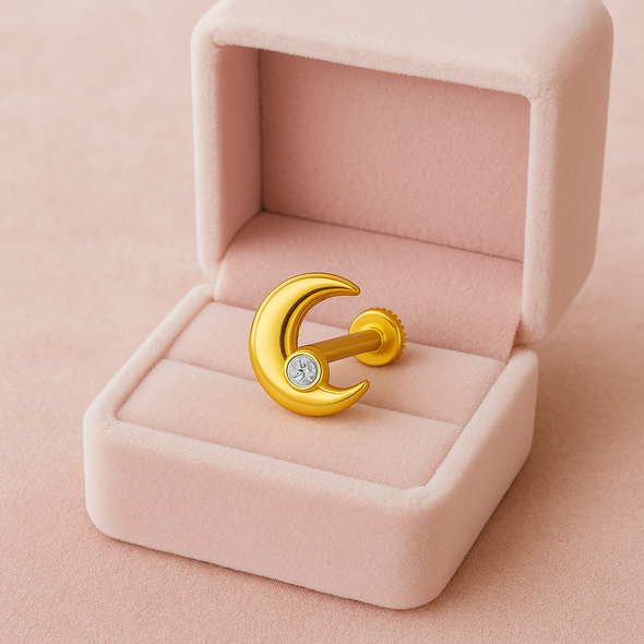 White CZ Crescent Moon Nose Pin – Sterling Silver Gold-Plated