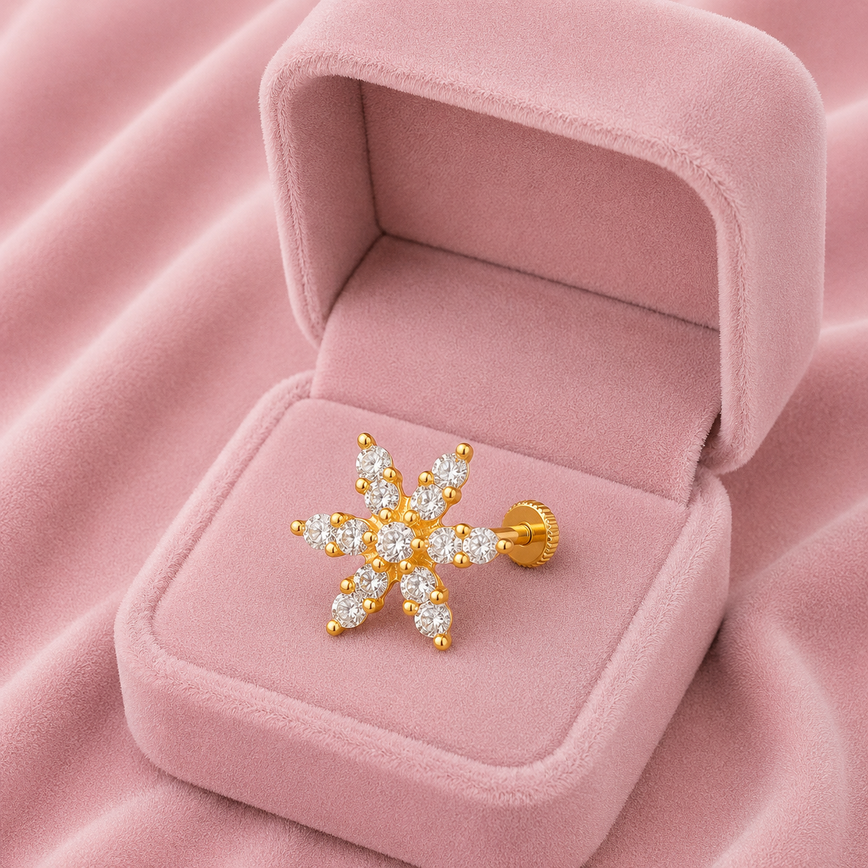 White CZ Floral Nose Pin - Sterling Silver Gold Plated