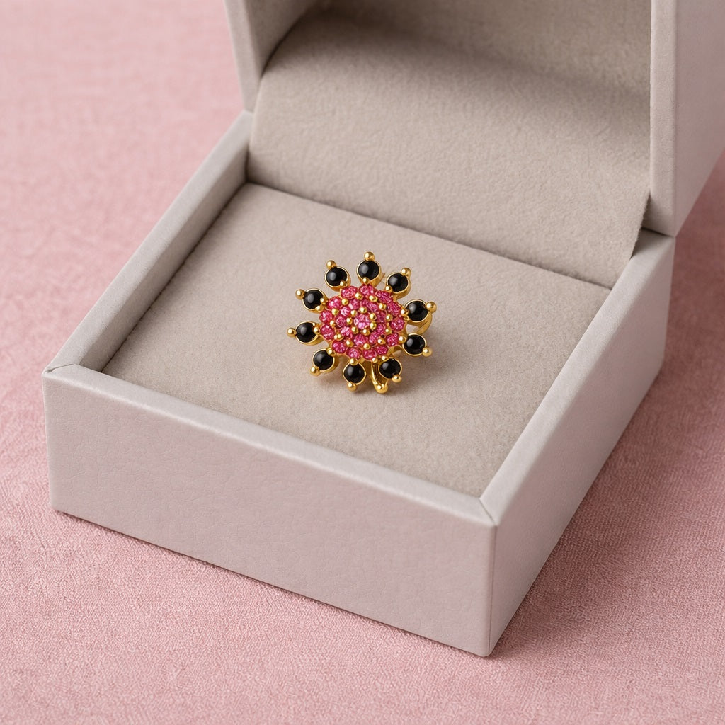 Red & Black CZ Floral Nose Pin – Gold Plated Sterling Silver