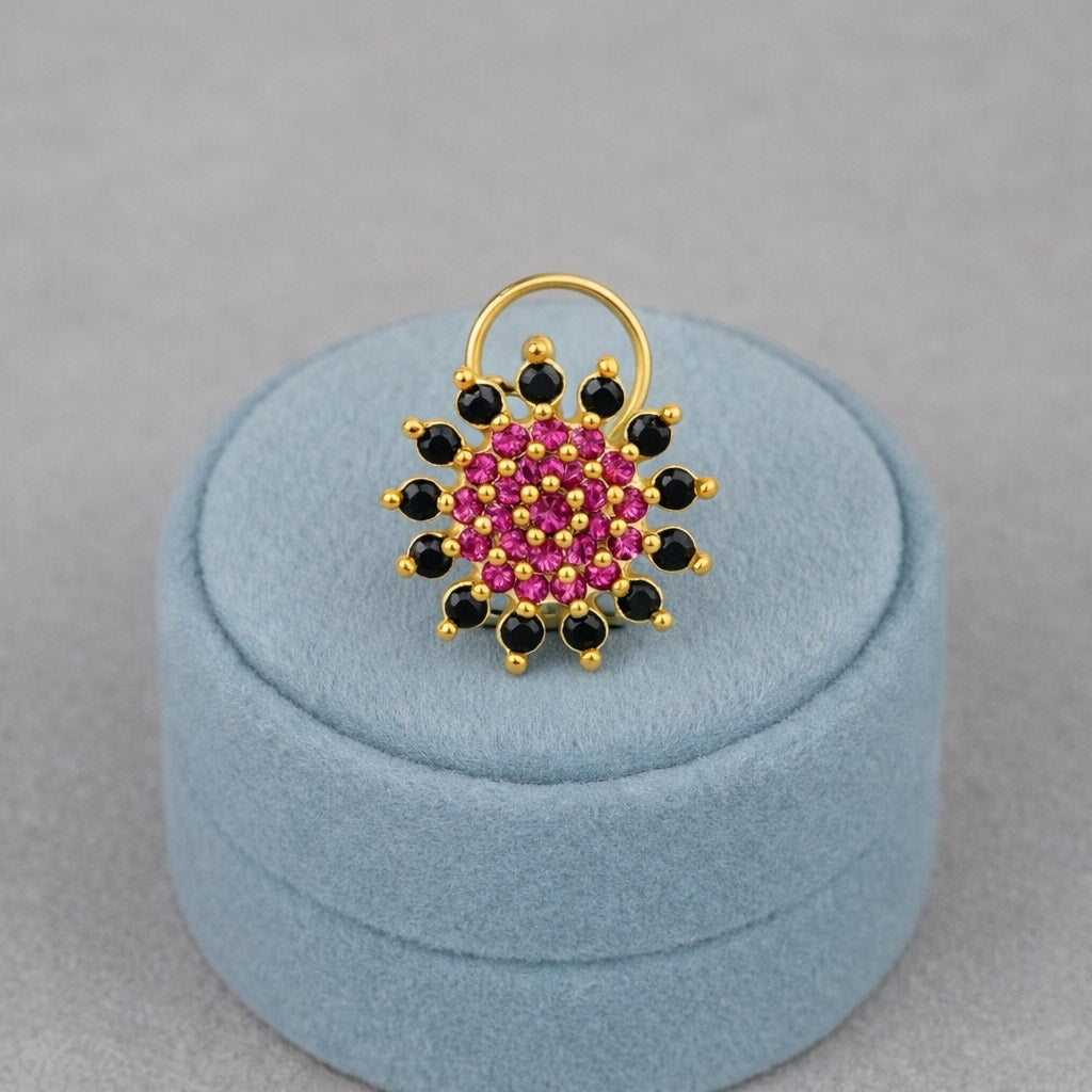 Red & Black CZ Floral Nose Pin – Gold Plated Sterling Silver