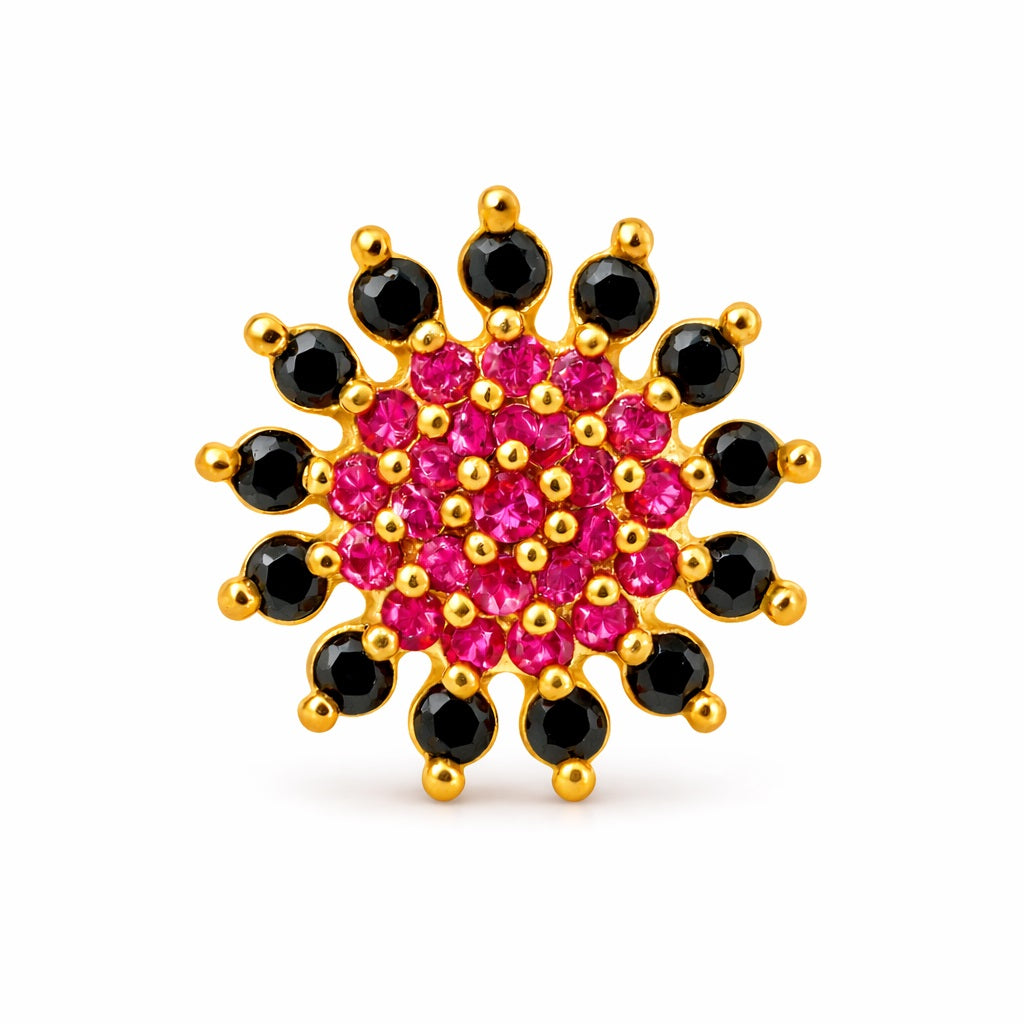 Red & Black CZ Floral Nose Pin – Gold Plated Sterling Silver