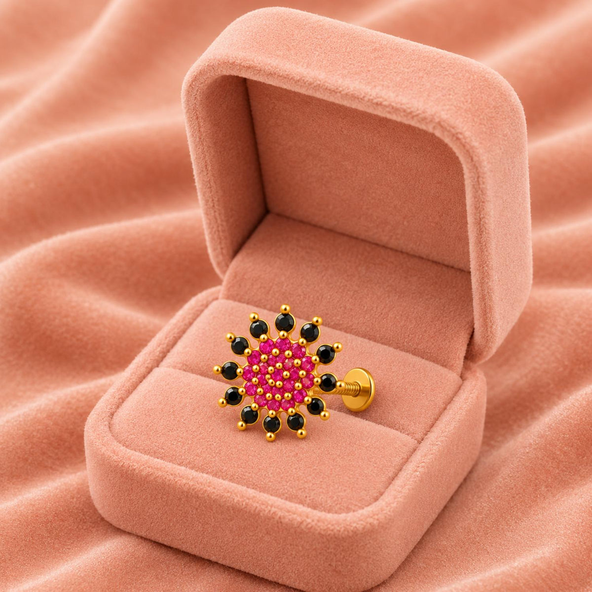 Red & Black CZ Floral Nose Pin – Gold Plated Sterling Silver