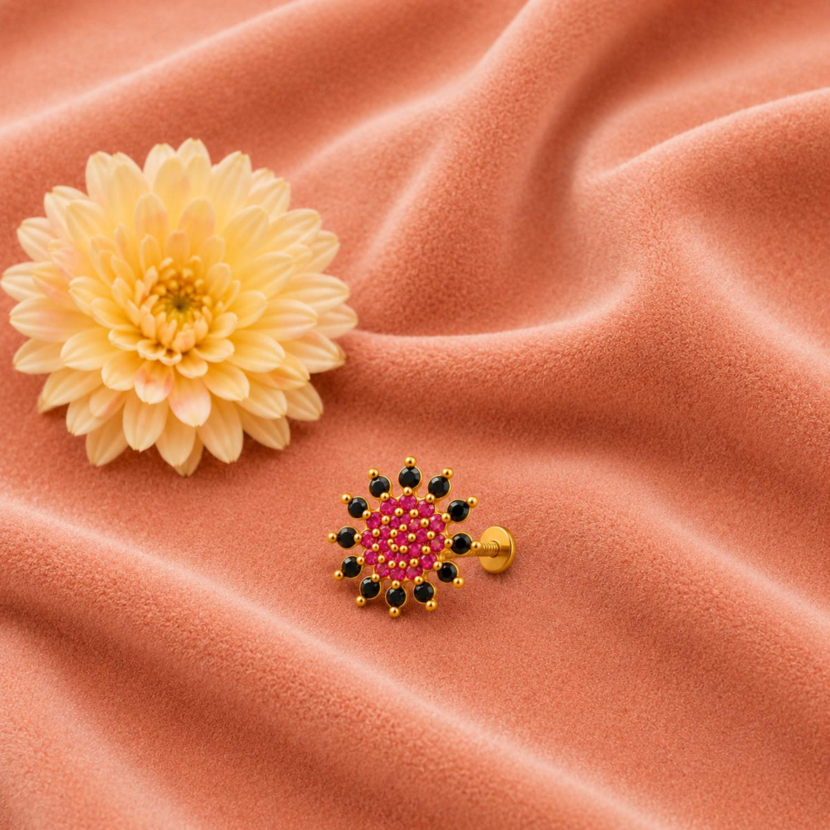 Red & Black CZ Floral Nose Pin – Gold Plated Sterling Silver