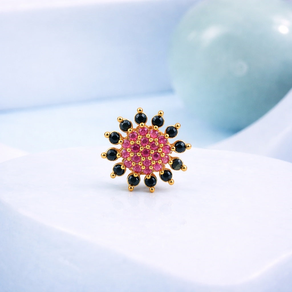 Red & Black CZ Floral Nose Pin – Gold Plated Sterling Silver