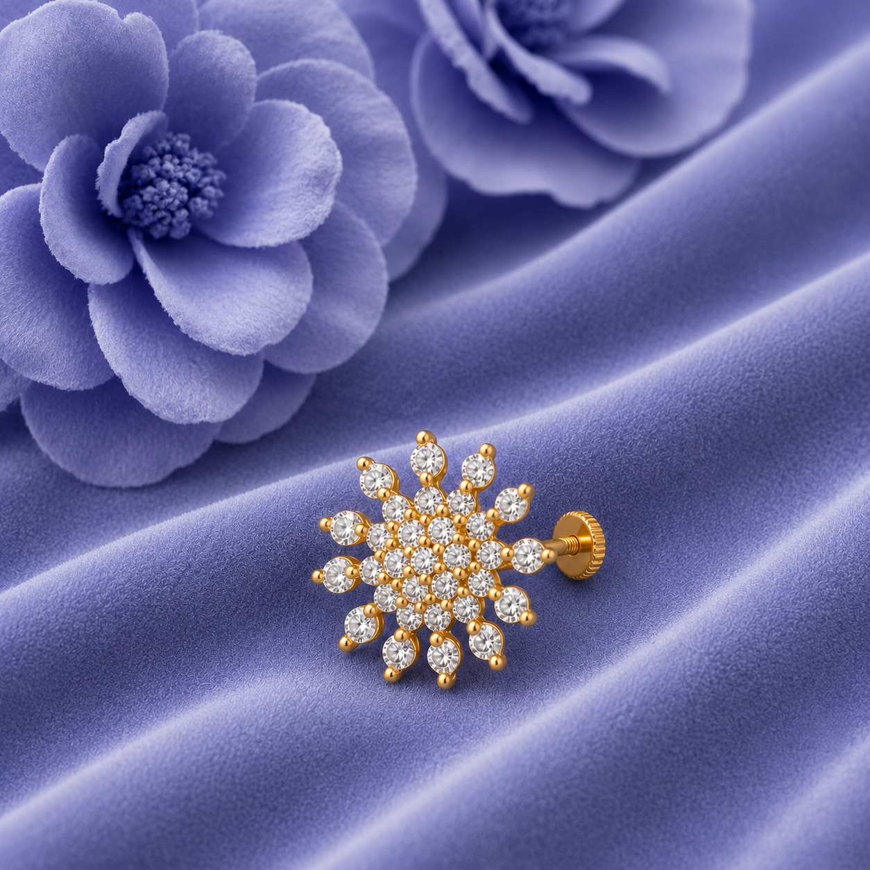 White CZ Snowflake Cluster Nose Pin – Gold Plated Sterling Silver