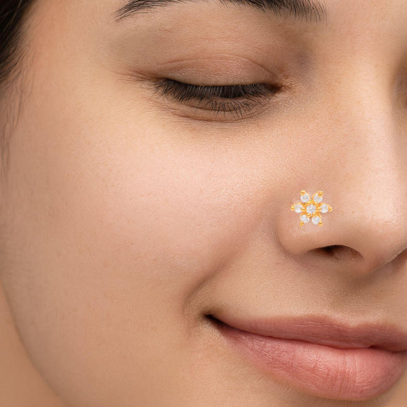 White CZ Floral Nose Pin - Sterling Silver Gold Plated