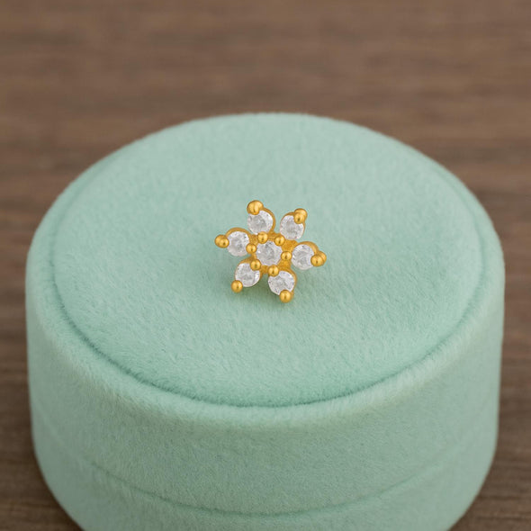 White CZ Floral Nose Pin - Sterling Silver Gold Plated