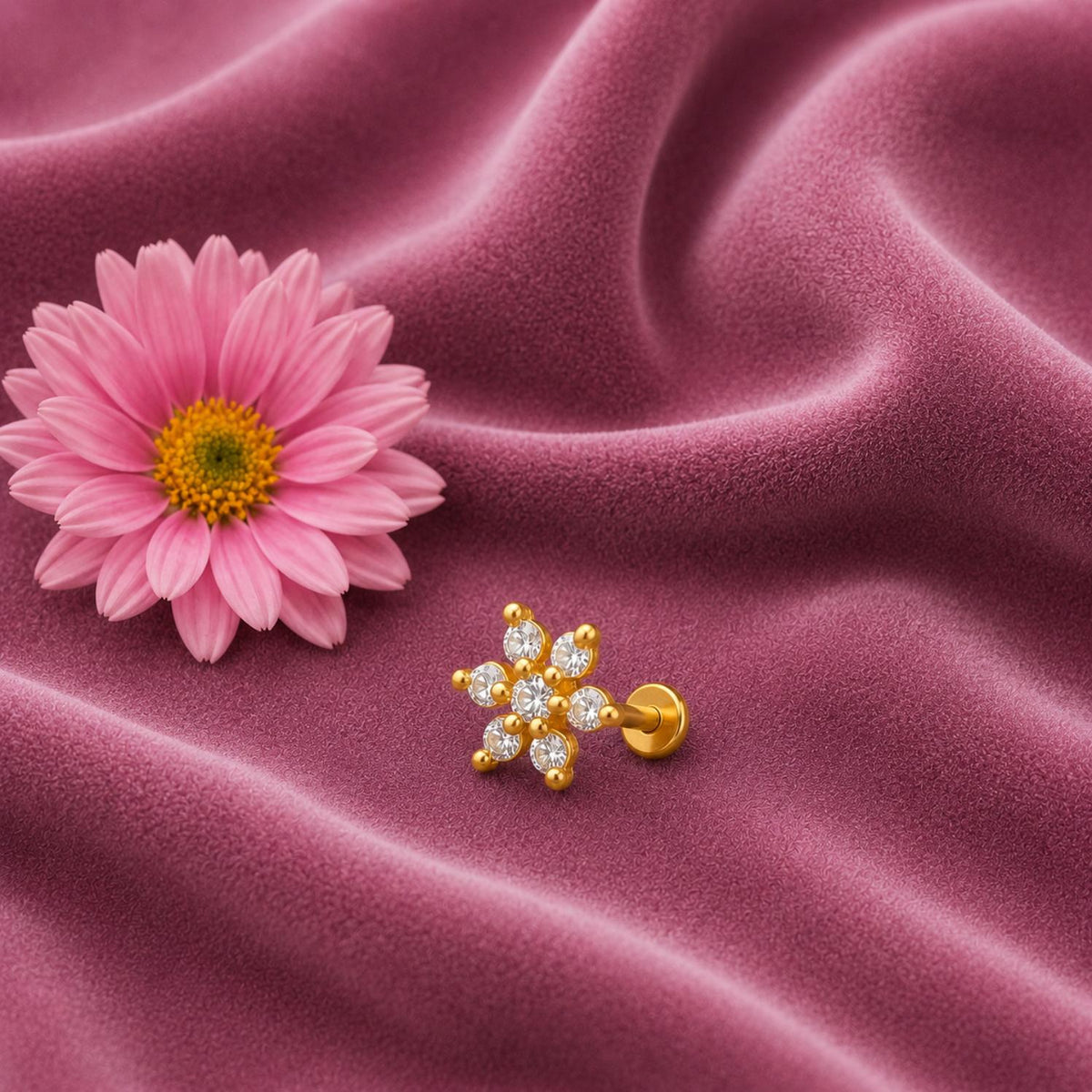White CZ Floral Nose Pin - Sterling Silver Gold Plated