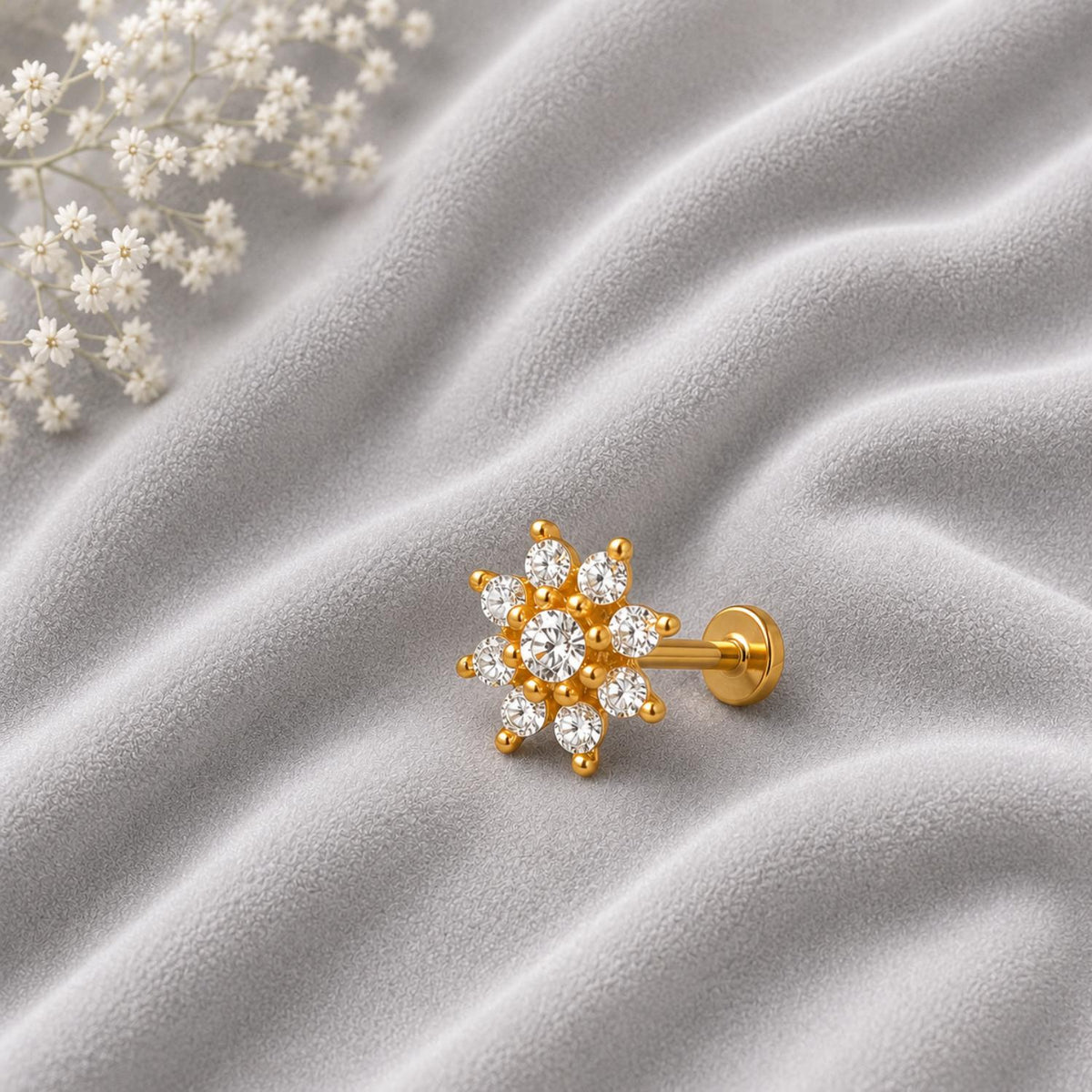 White CZ Cluster Nose Pin - Sterling Silver Gold Plated