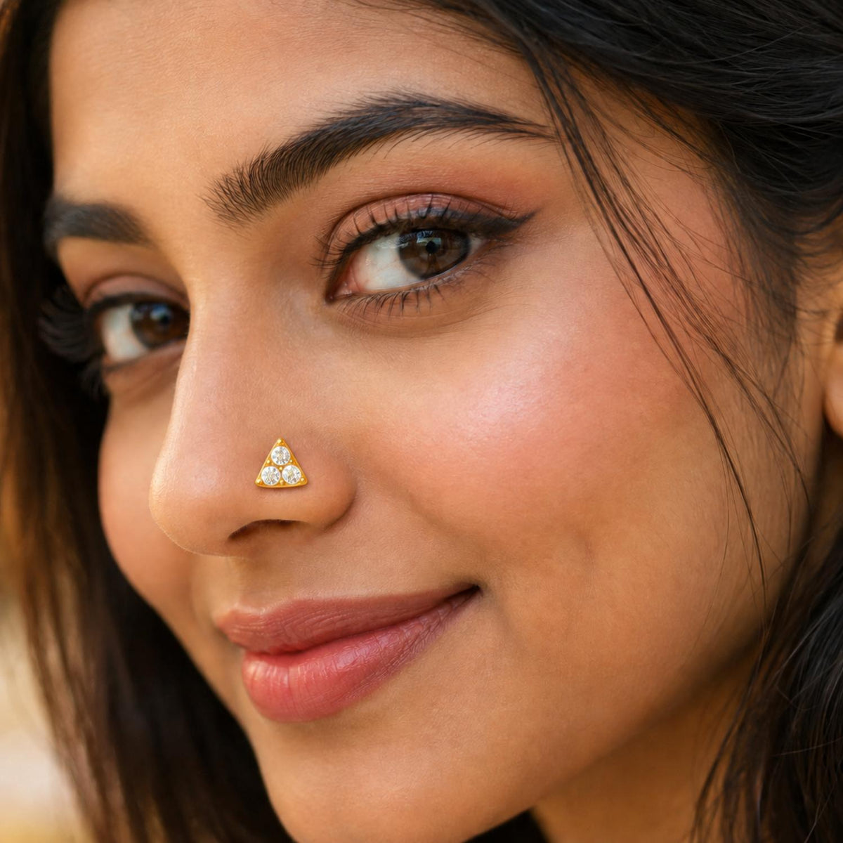 White CZ Trio Triangle Nose Pin – Sterling Silver Gold Plated