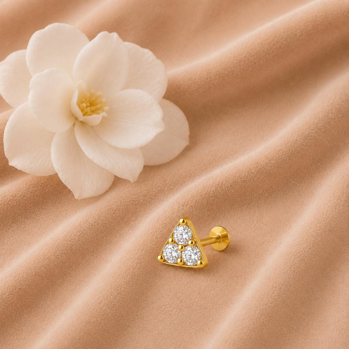 White CZ Trio Triangle Nose Pin – Sterling Silver Gold Plated