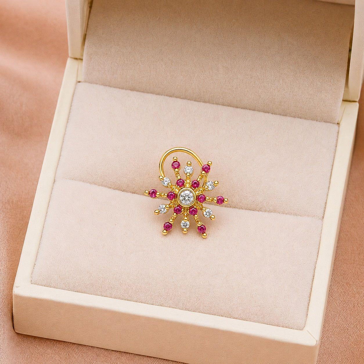 Ruby & White Topaz Sunburst Nose Ring - Gold Plated 925 Silver