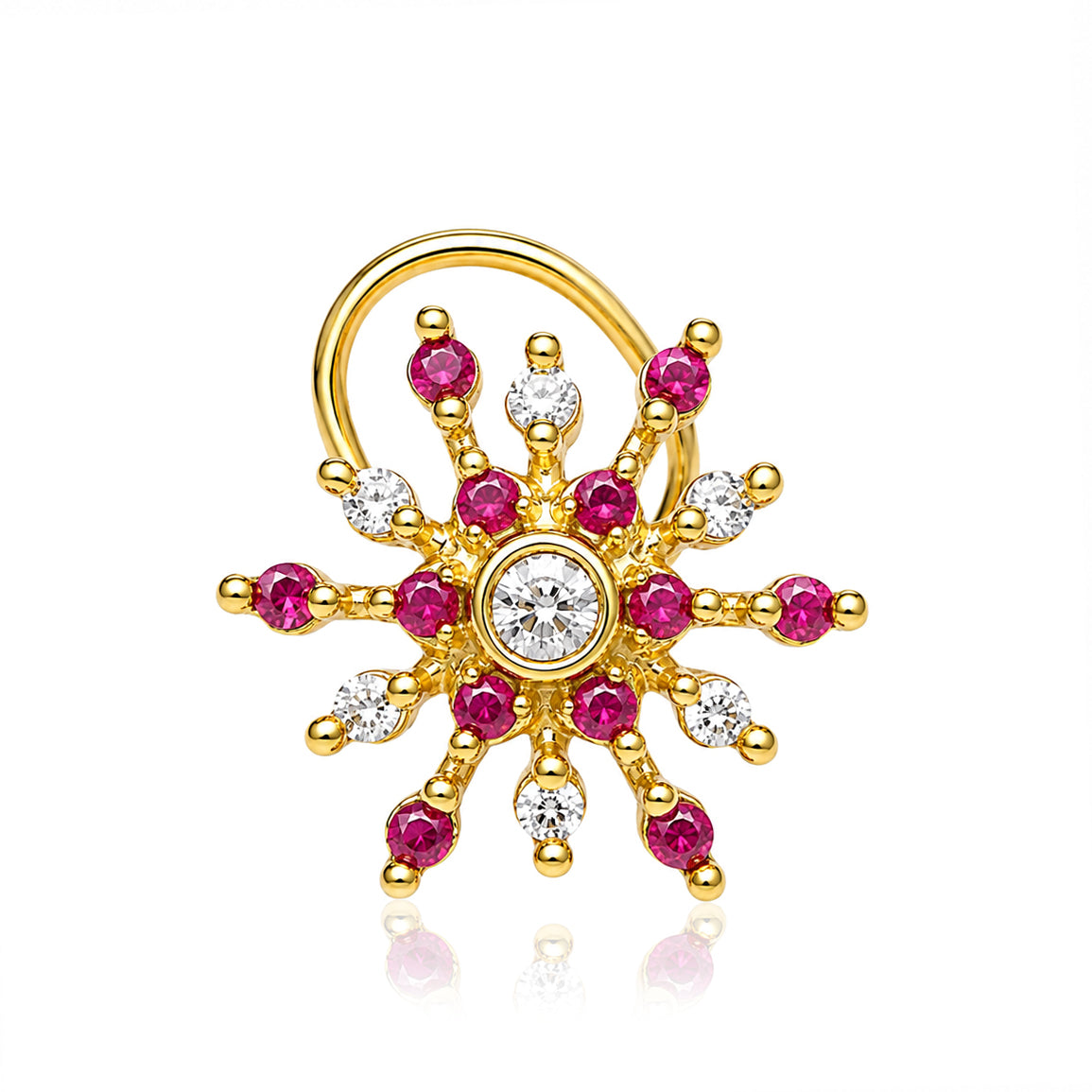 Ruby & White Topaz Sunburst Nose Ring - Gold Plated 925 Silver