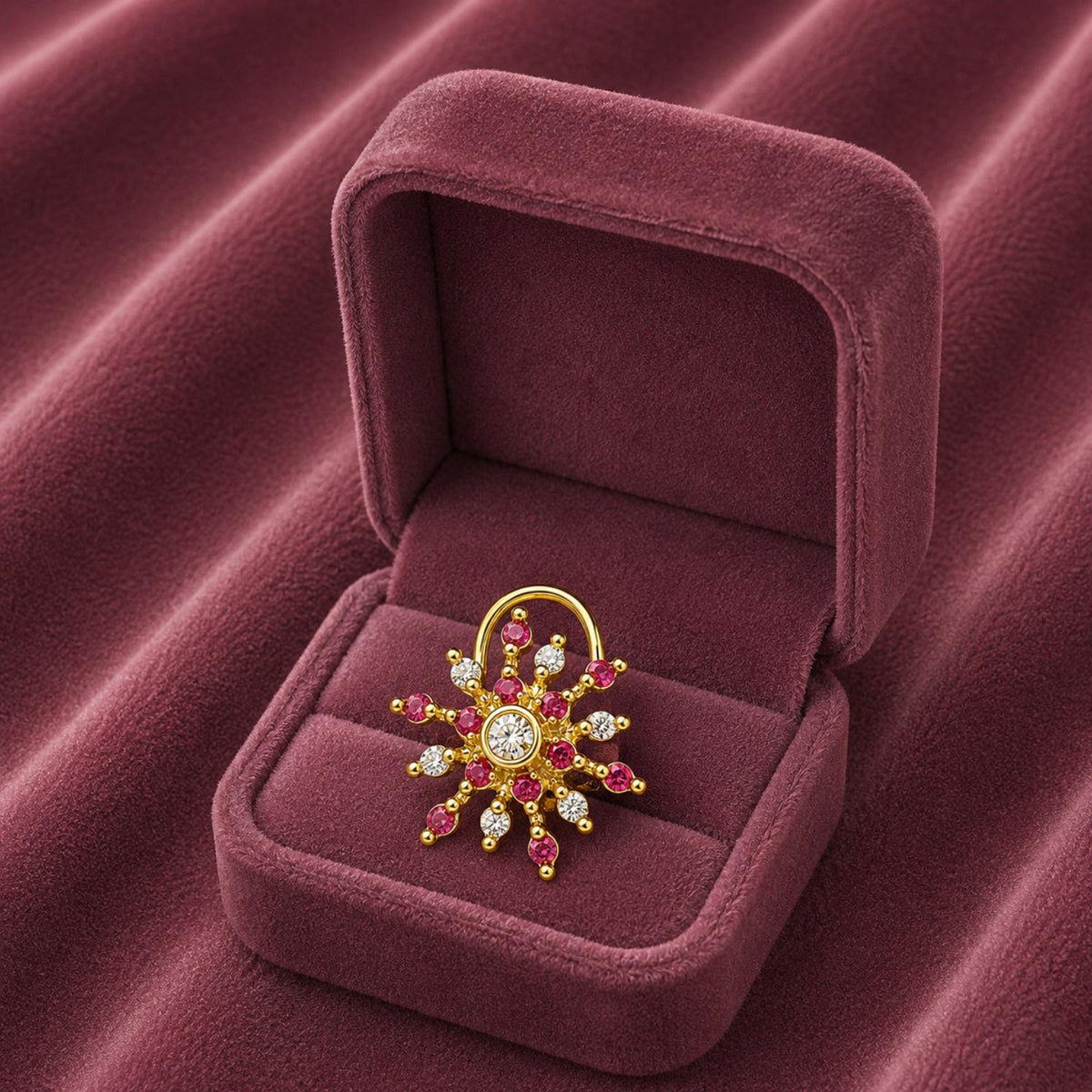 Red & White Topaz Sunburst Nose Ring - Gold Plated 925 Silver