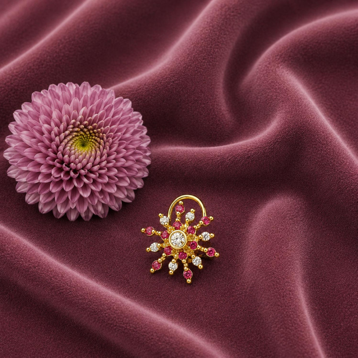 Red & White Topaz Sunburst Nose Ring - Gold Plated 925 Silver