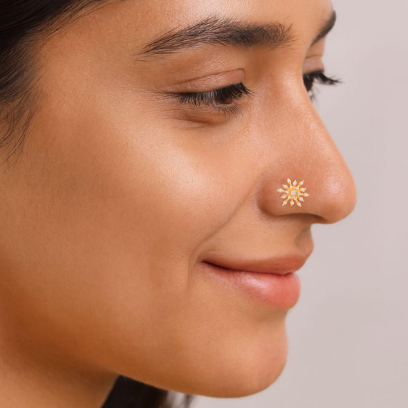 White CZ Sunburst Nose Pin - Sterling Silver Gold Plated