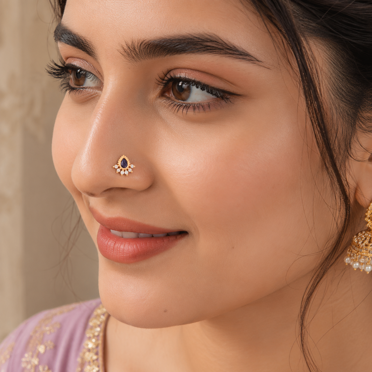 Purple Stone CZ Nose Pin- Gold Plated 925 Silver