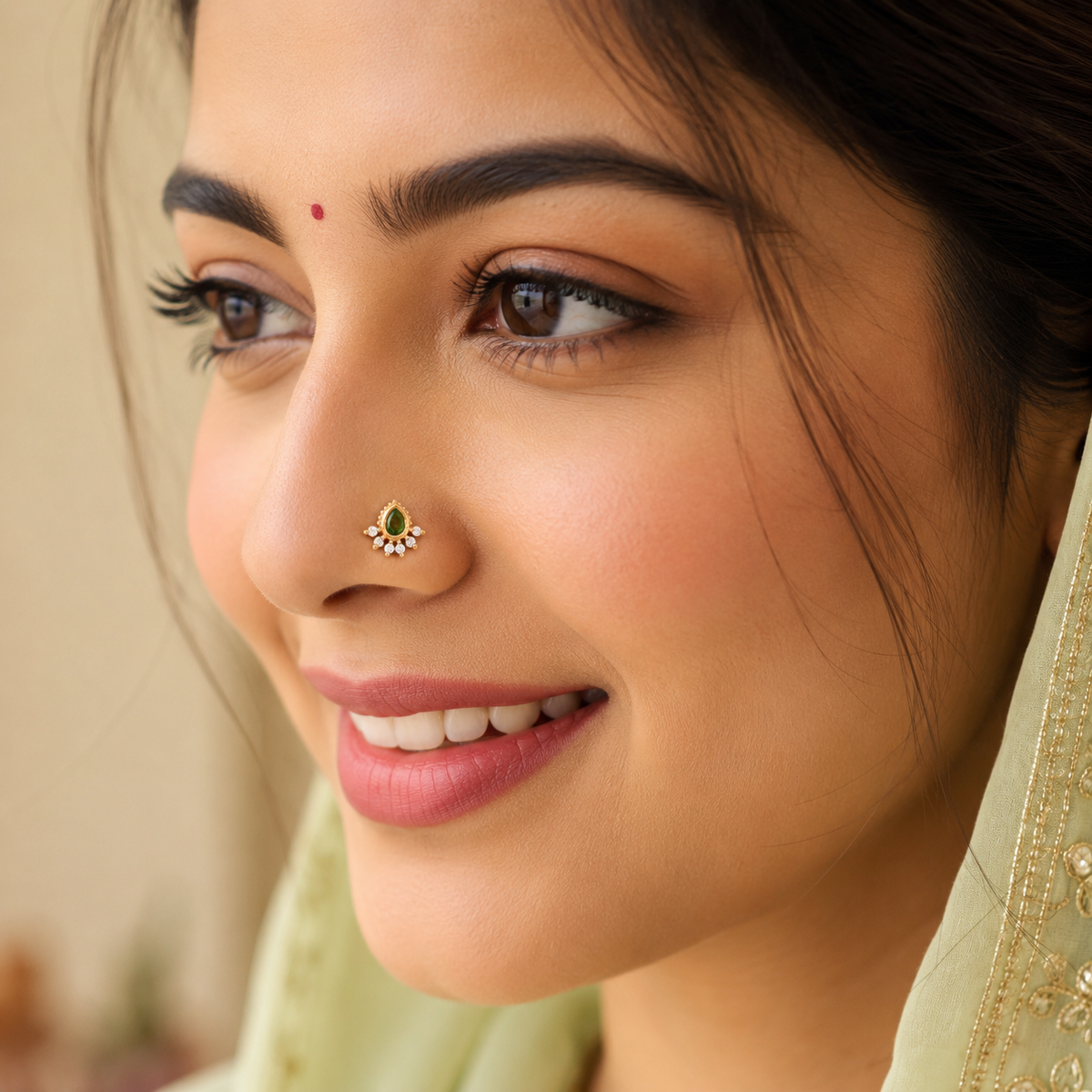 Green Stone CZ Nose Pin- Gold Plated 925 Silver