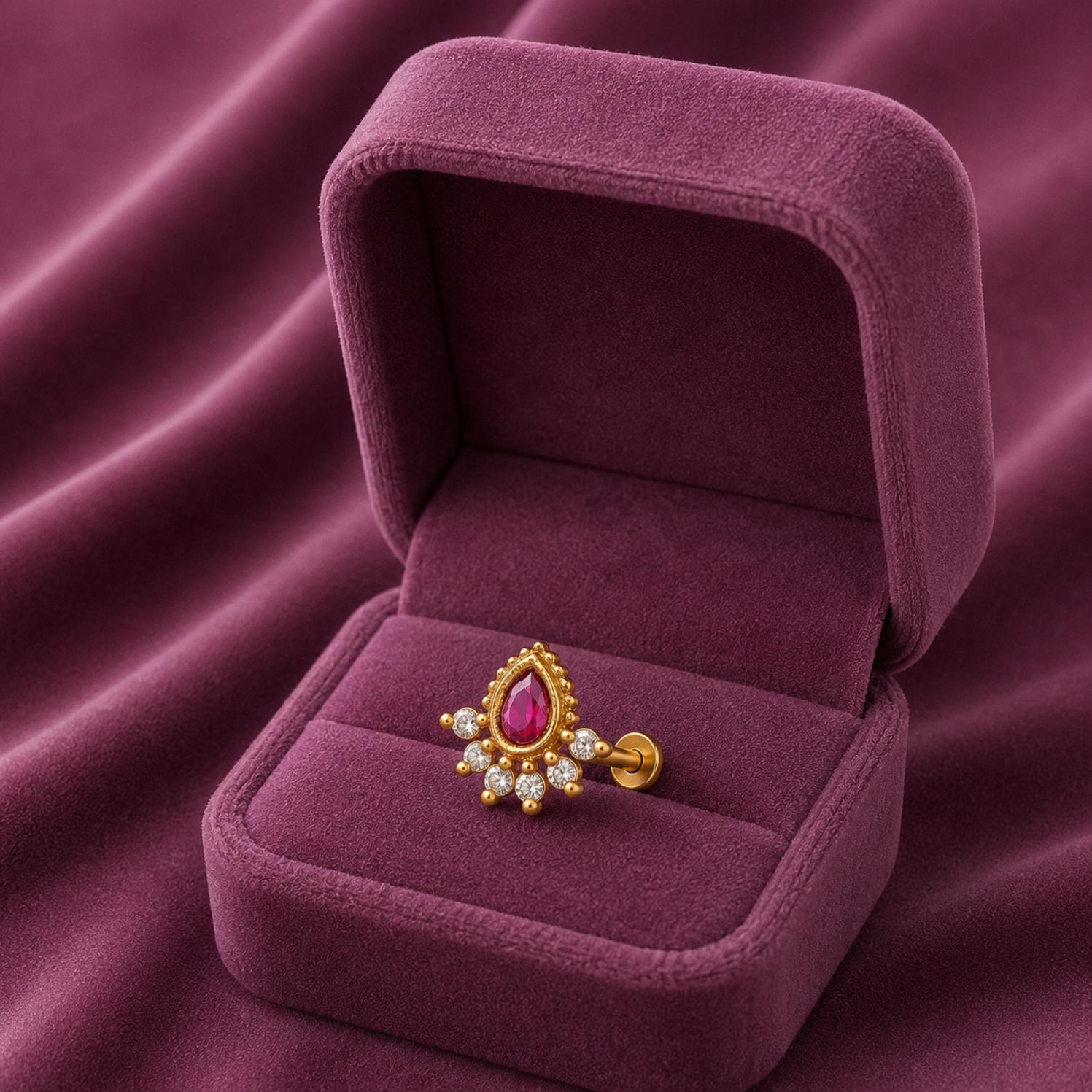 Red CZ Floral Nose Pin - Sterling Silver Gold Plated