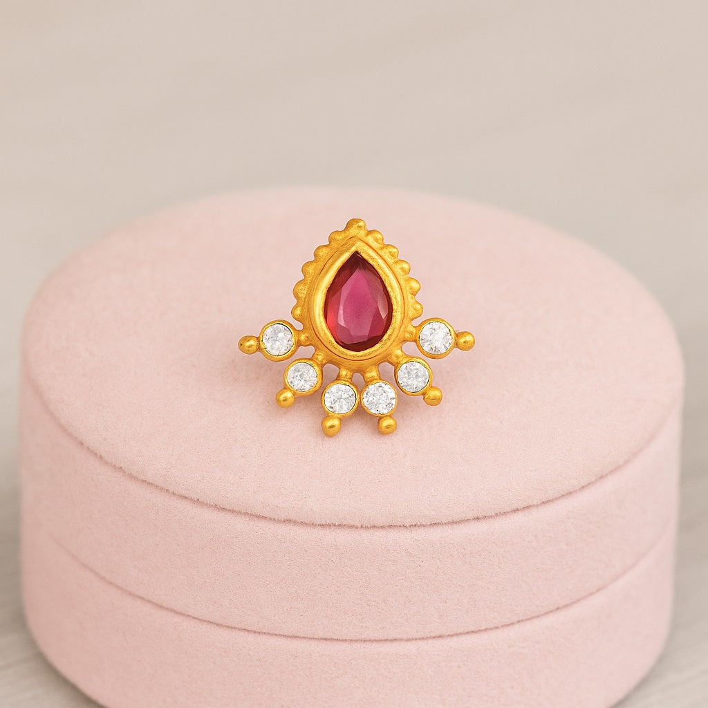 Red CZ Floral Nose Pin - Sterling Silver Gold Plated