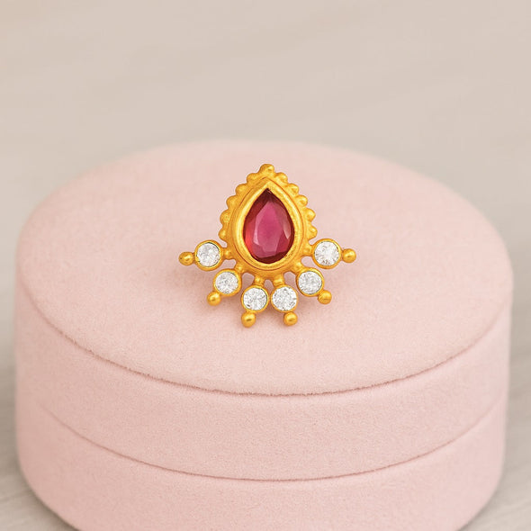 Red CZ Floral Nose Pin - Sterling Silver Gold Plated