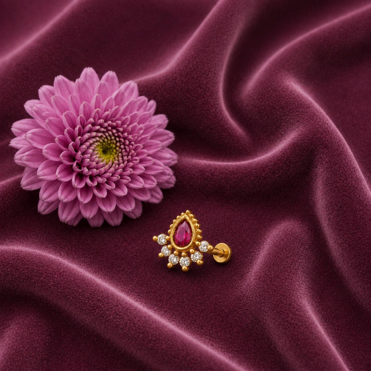 Red CZ Floral Nose Pin - Sterling Silver Gold Plated
