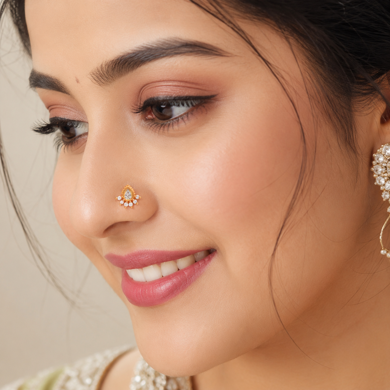 White CZ Floral Nose Pin - Sterling Silver Gold Plated