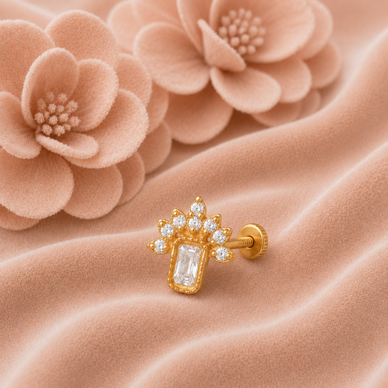 Emerald Cut White CZ Nose Pin - Gold Plated 925 Silver