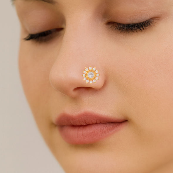 White CZ Sunburst Design Nose Pin - Sterling Silver Gold Plated