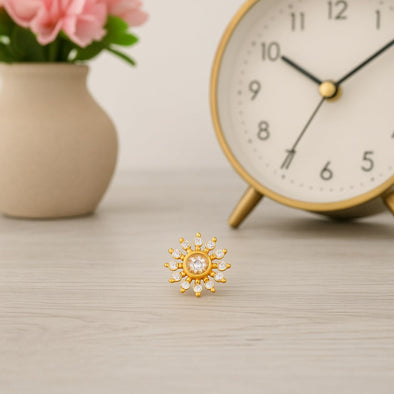 White CZ Sunburst Design Nose Pin - Sterling Silver Gold Plated