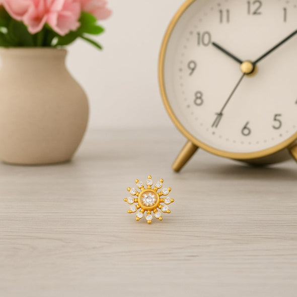 White CZ Sunburst Design Nose Pin - Sterling Silver Gold Plated