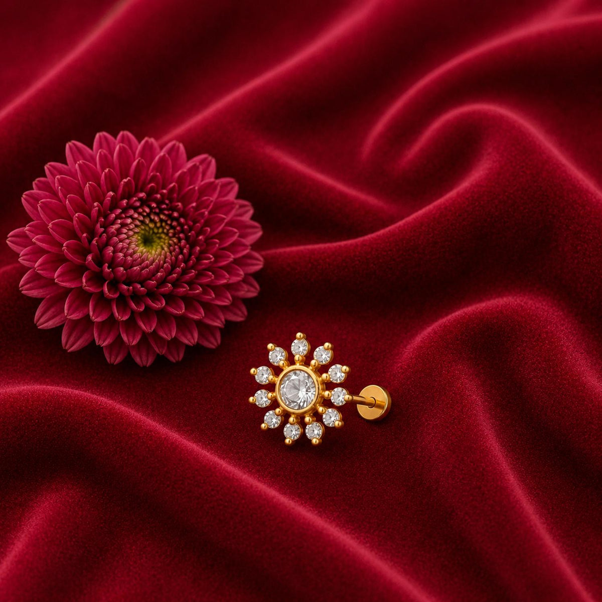 White CZ Sunburst Design Nose Pin - Sterling Silver Gold Plated
