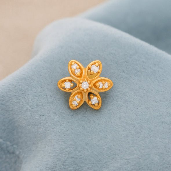 White CZ Center Five-Petal Floral Nose Pin – Sterling Silver Gold Plated