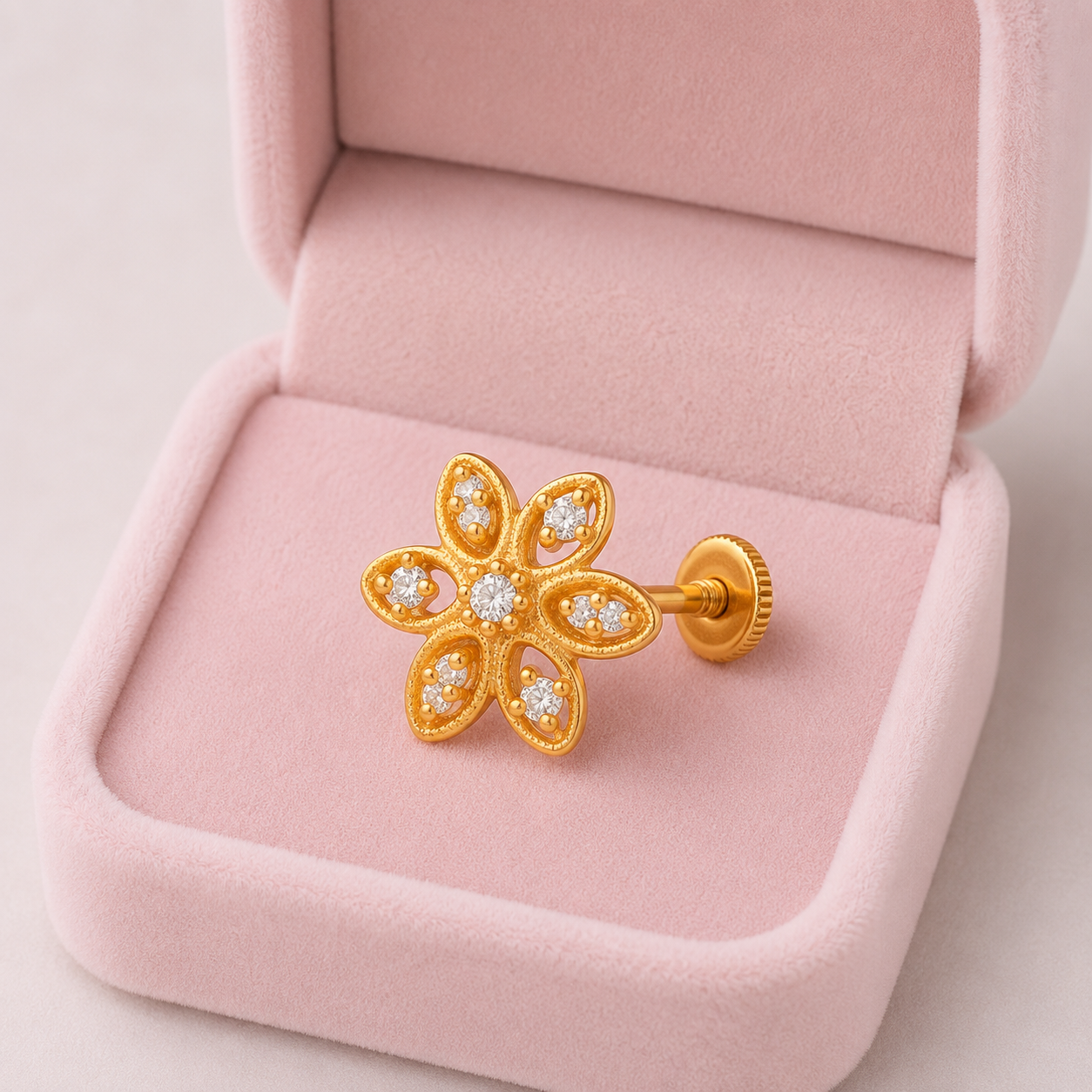 White CZ Center Five-Petal Floral Nose Pin – Sterling Silver Gold Plated