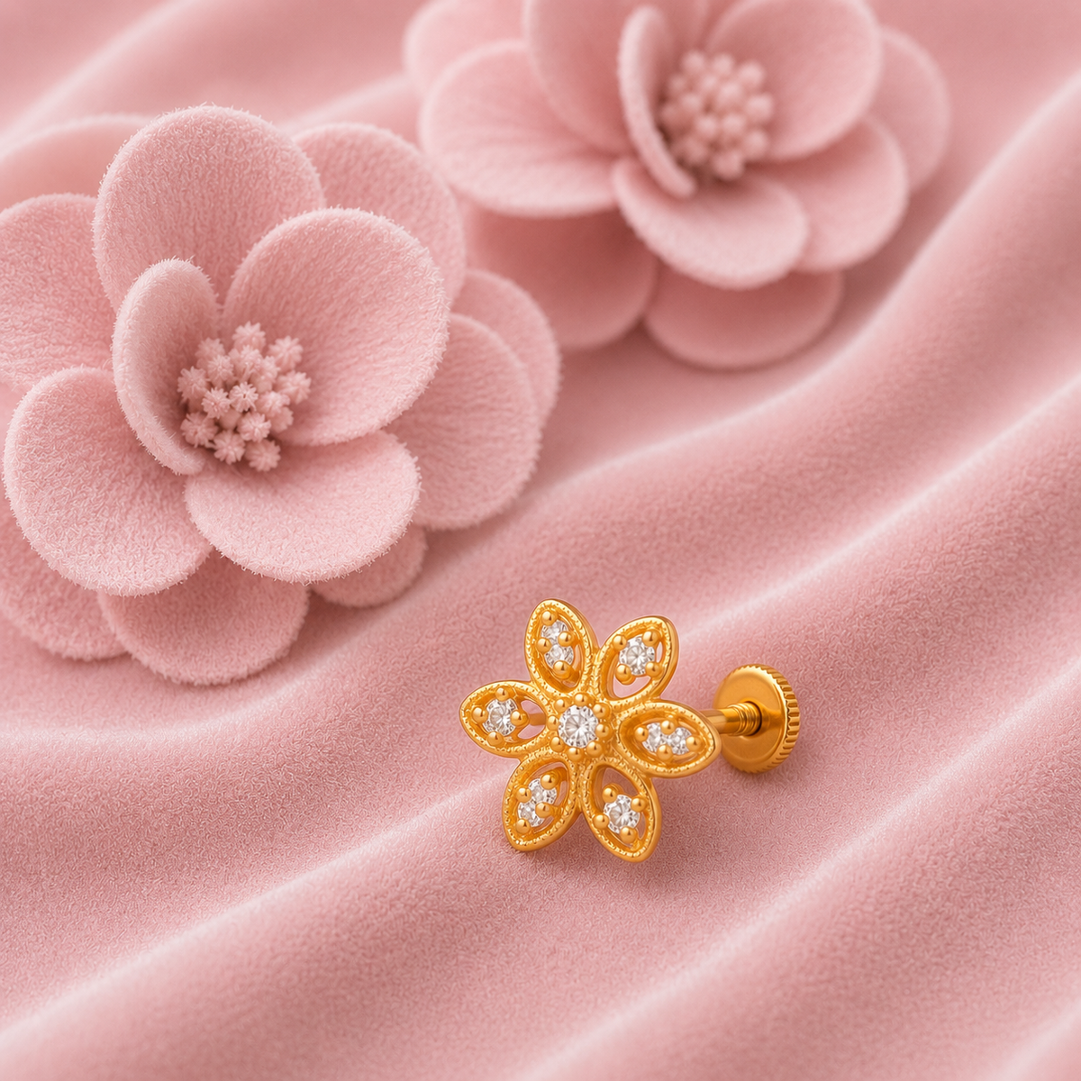 White CZ Center Five-Petal Floral Nose Pin – Sterling Silver Gold Plated