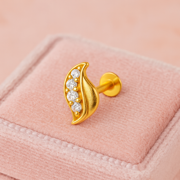 White CZ Line Curved Leaf Nose Pin – Sterling Silver Gold Plated