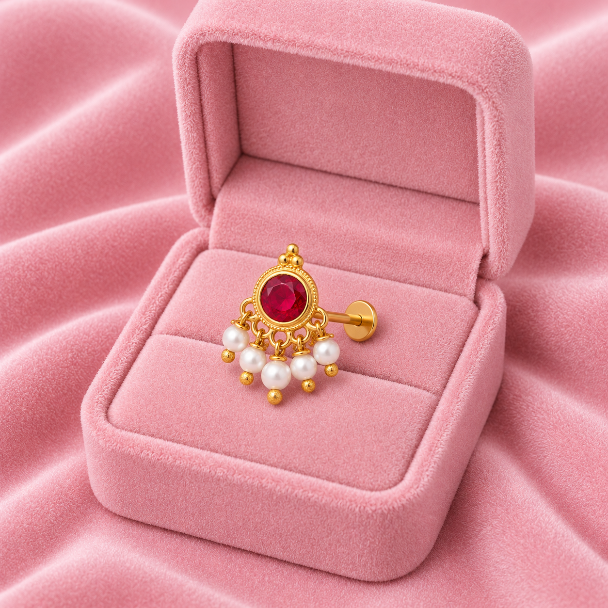 Red CZ Pearl Dangle Nose Pin - Gold Plated 925 Silver