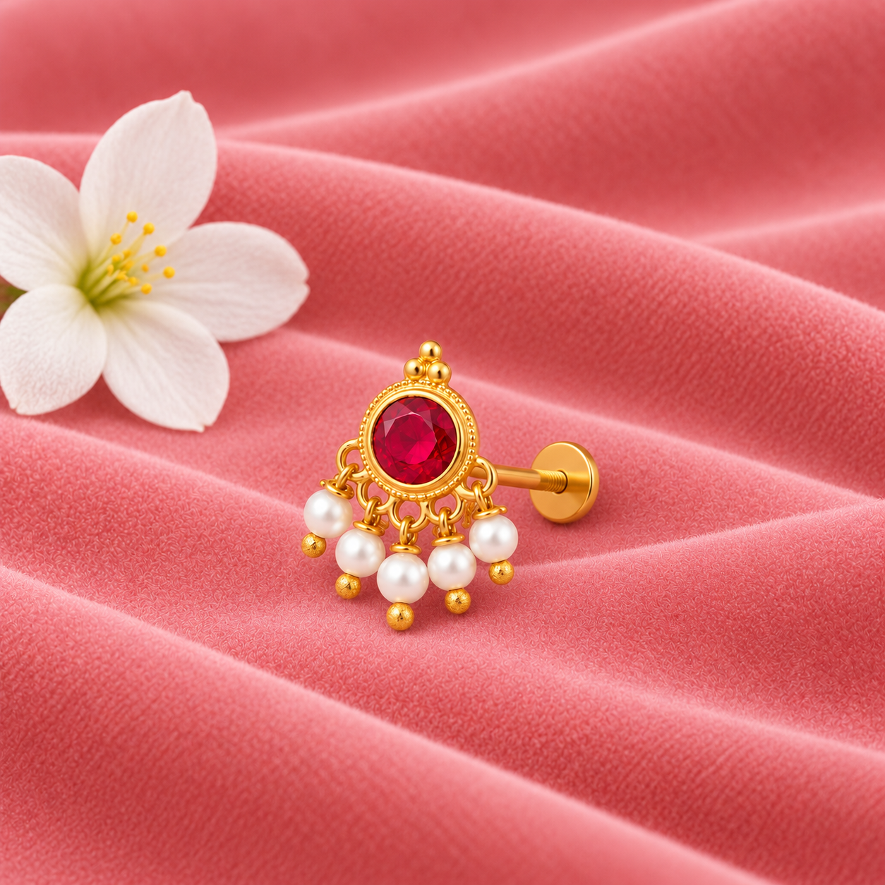 Red CZ Pearl Dangle Nose Pin - Gold Plated 925 Silver