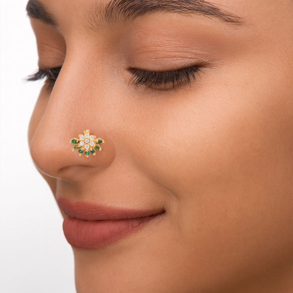 Green & White CZ Floral Nose Pin - Sterling Silver Gold Plated