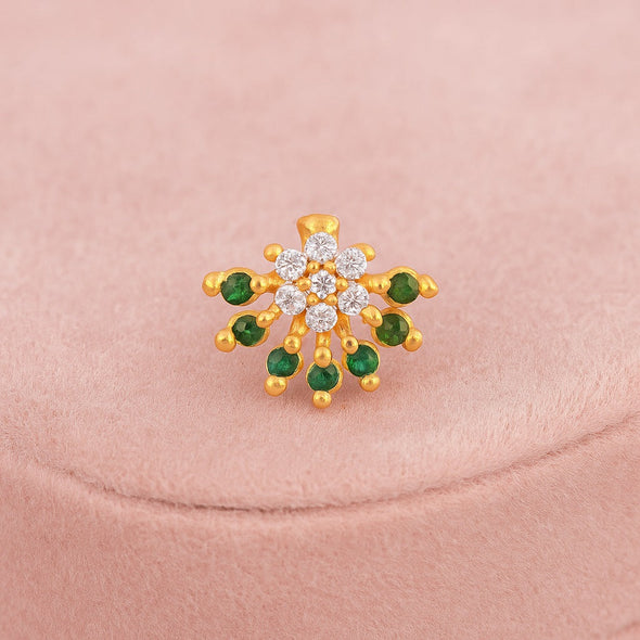 Green & White CZ Floral Nose Pin - Sterling Silver Gold Plated