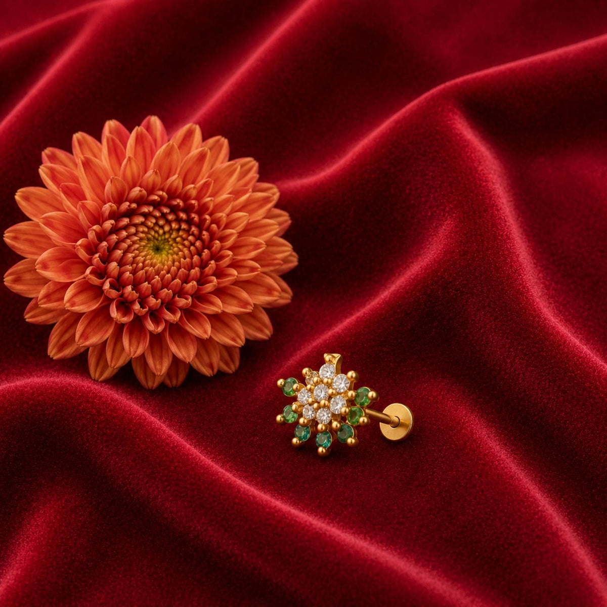 Green & White CZ Floral Nose Pin - Sterling Silver Gold Plated