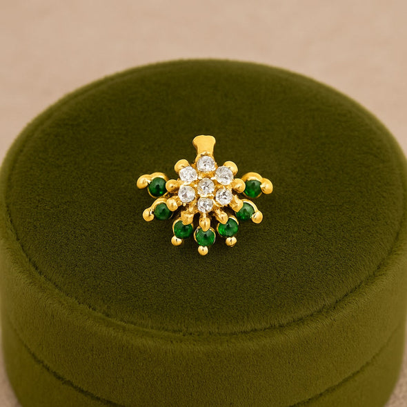 Green & White CZ Floral Nose Pin - Sterling Silver Gold Plated